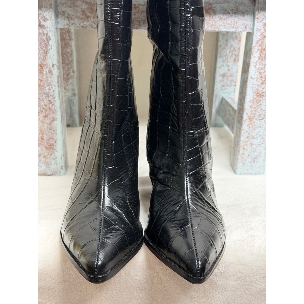 Schutz Maryana Block Boots Women 6 Black Croc Embossed Leather Knee High Pointed - Picture 8 of 9